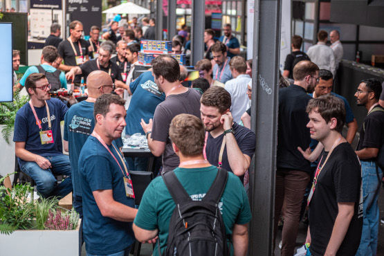 People talking on an exhibition hall